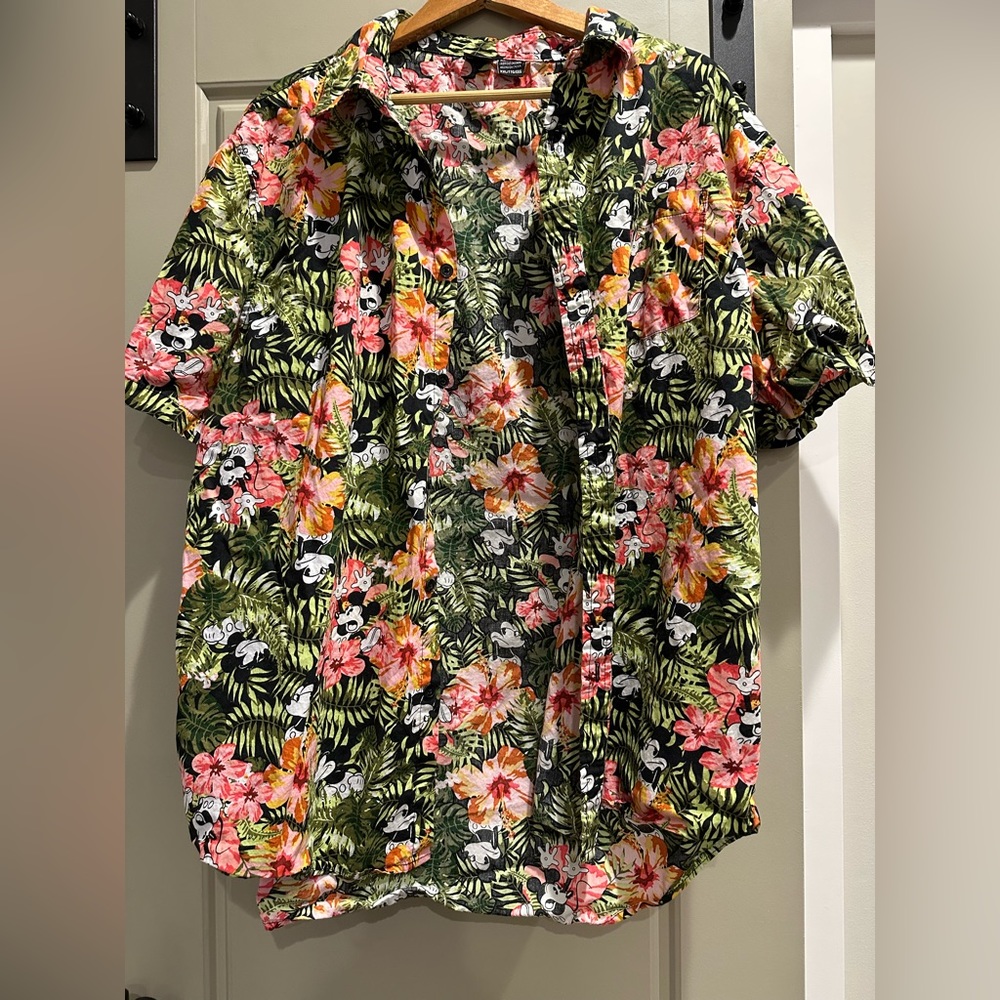 Disney Floral Button Down Shirt - Green, Pink, Yellow
